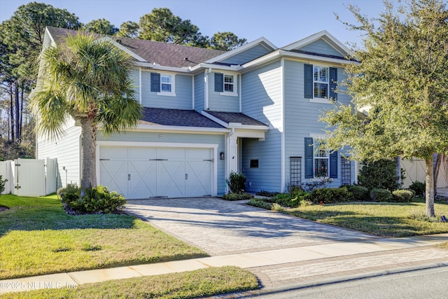 view of front of property with a front yard and a garage