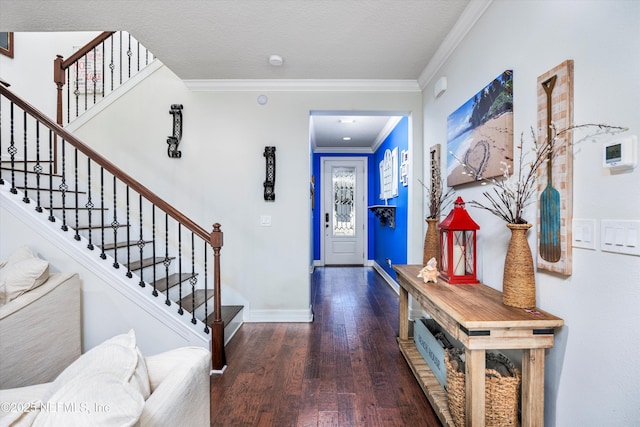 foyer with crown molding and dark wood-type flooring