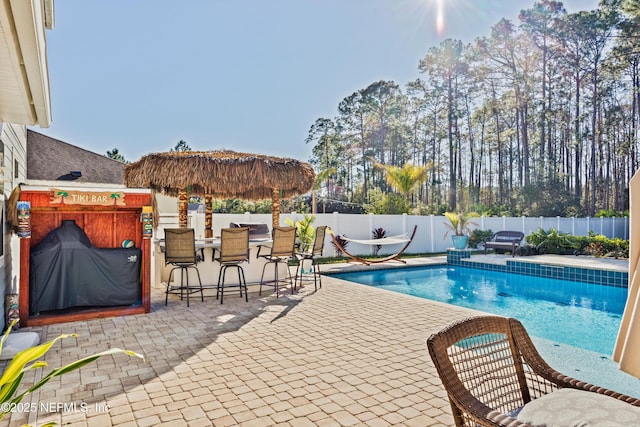 view of pool with a patio area and exterior bar