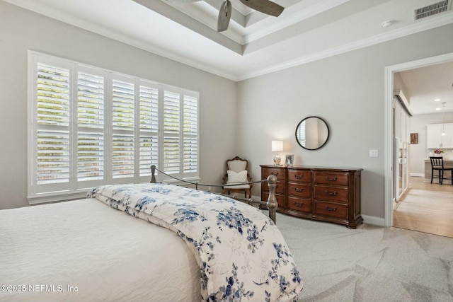 bedroom featuring ceiling fan, light carpet, and ornamental molding