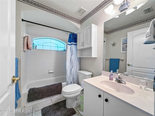 full bathroom with shower / bath combination with curtain, tile patterned floors, vanity, a textured ceiling, and toilet