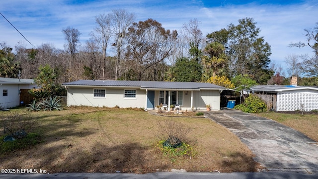 ranch-style home with covered porch and a front lawn