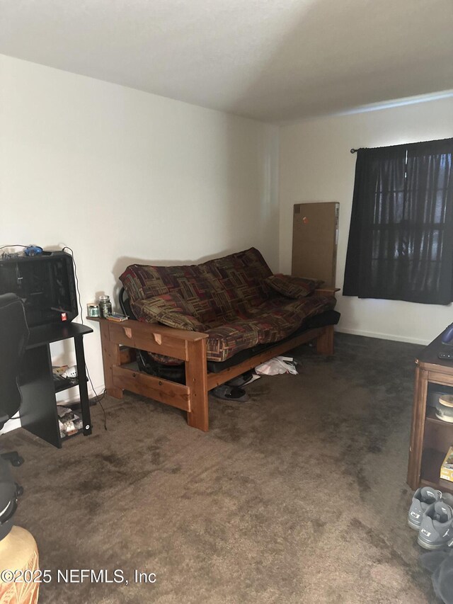 living room with dark colored carpet