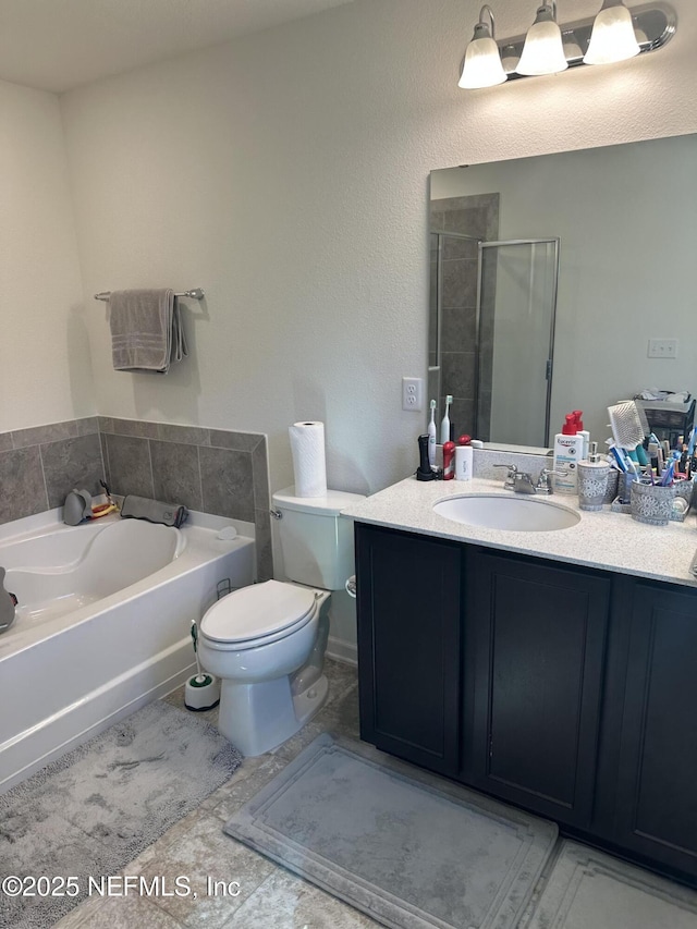 full bathroom with vanity, tile patterned flooring, plus walk in shower, and toilet