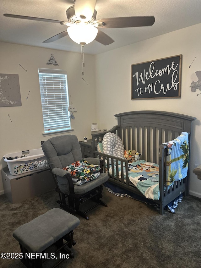 carpeted bedroom featuring ceiling fan