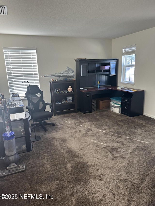 living room featuring dark colored carpet and a textured ceiling