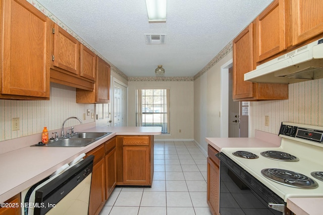 kitchen featuring kitchen peninsula, electric range, sink, white dishwasher, and light tile patterned flooring