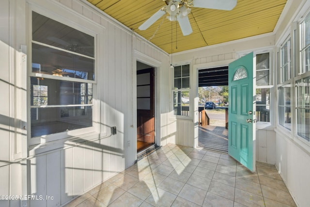 sunroom featuring wood ceiling and ceiling fan