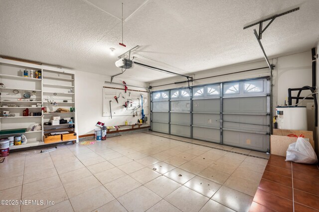 garage with a garage door opener and water heater