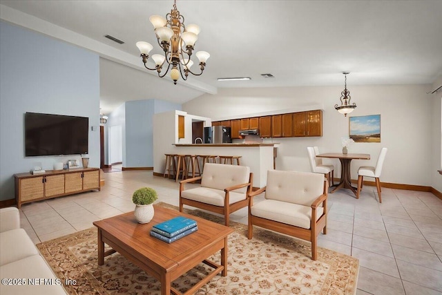 tiled living room featuring an inviting chandelier and vaulted ceiling with beams