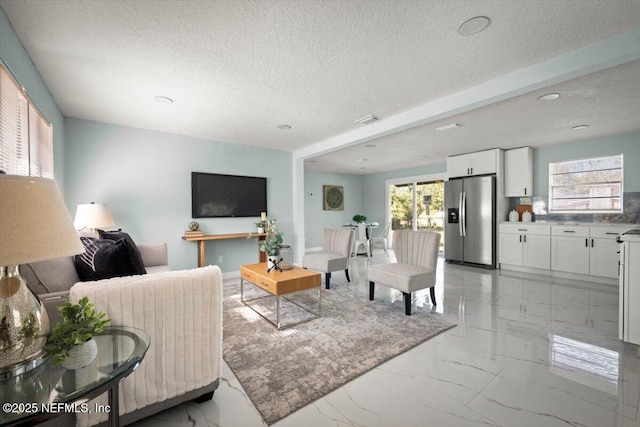 living room featuring a textured ceiling