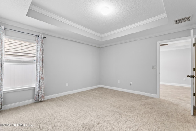 carpeted empty room featuring a textured ceiling, a raised ceiling, and ornamental molding