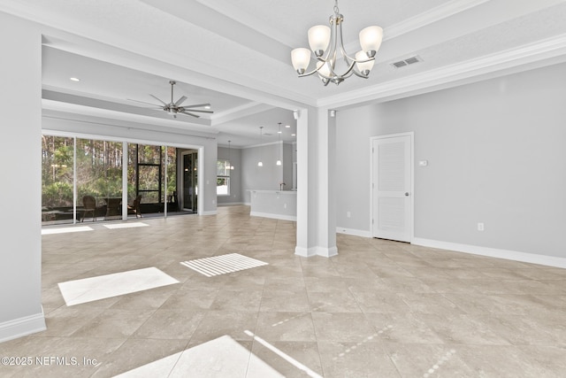 unfurnished living room with ceiling fan with notable chandelier, a raised ceiling, and crown molding