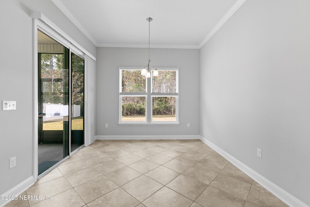 unfurnished dining area with light tile patterned flooring, crown molding, and a notable chandelier