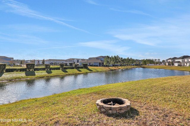 view of water feature featuring a fire pit