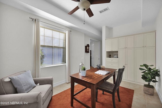 office with light tile patterned flooring and ceiling fan