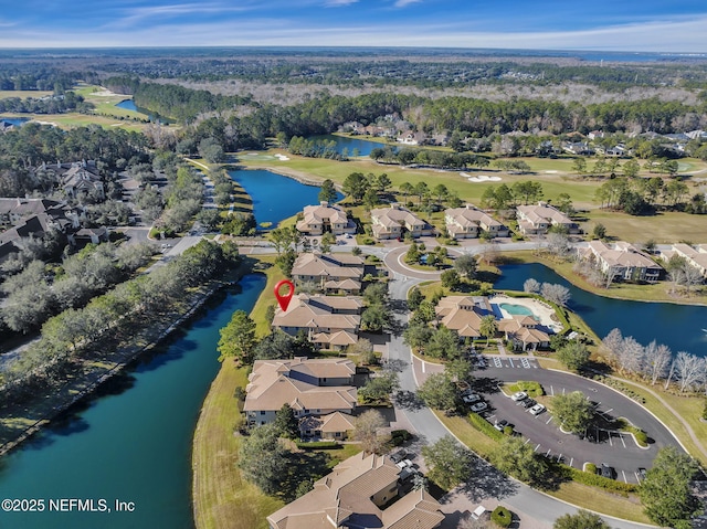 aerial view featuring a water view