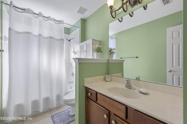 full bath with toilet, shower / bath combination with curtain, visible vents, and tile patterned floors