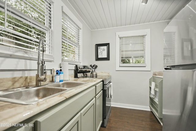 kitchen featuring appliances with stainless steel finishes, dark hardwood / wood-style flooring, a healthy amount of sunlight, and wood ceiling