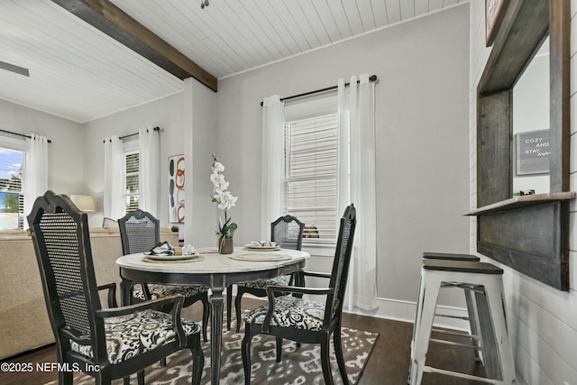 dining room featuring beamed ceiling, dark hardwood / wood-style floors, and wooden ceiling