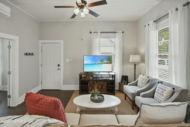 living room featuring an AC wall unit, ceiling fan, wooden ceiling, and dark hardwood / wood-style floors