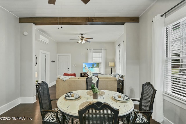 dining room with beam ceiling, dark hardwood / wood-style flooring, a wall mounted AC, and wooden ceiling