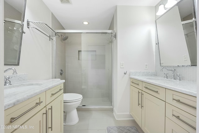 bathroom with walk in shower, vanity, toilet, and decorative backsplash