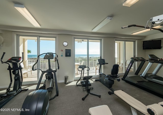 workout area with a water view