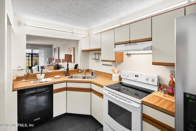 kitchen with sink, electric stove, black dishwasher, white cabinetry, and stainless steel refrigerator