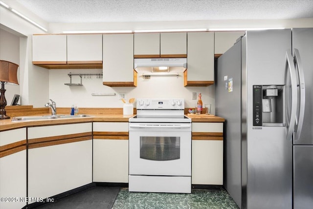 kitchen with stainless steel fridge, a textured ceiling, sink, white cabinets, and white electric range