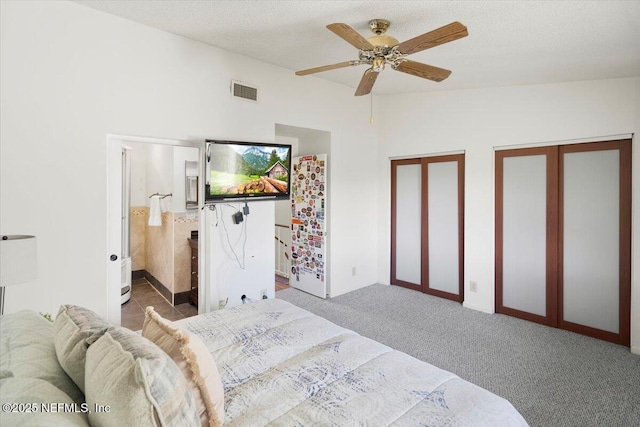 carpeted bedroom with a textured ceiling, ceiling fan, vaulted ceiling, and two closets