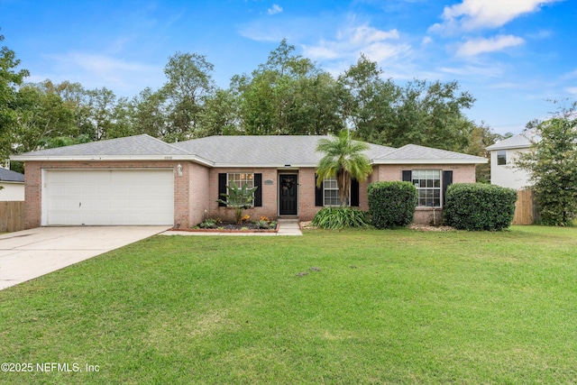 ranch-style home with a front lawn and a garage