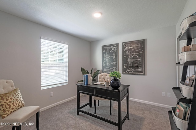 office with carpet and a textured ceiling