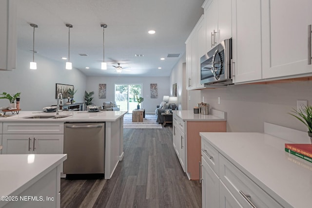 kitchen with white cabinetry, sink, ceiling fan, dark wood-type flooring, and appliances with stainless steel finishes