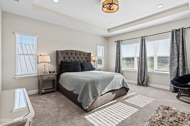 carpeted bedroom featuring a tray ceiling