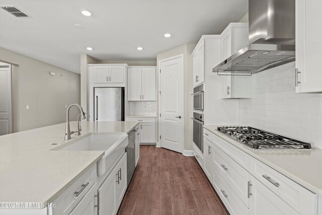 321 Marquesa Cir, Saint Johns, FL 32259 - kitchen featuring wall chimney range hood, stainless steel appliances, white cabinetry, a sink, and dark wood-style flooring