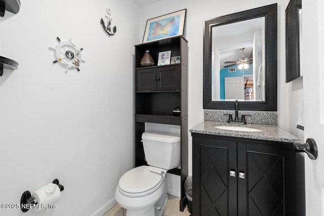 bathroom with ceiling fan, vanity, tile patterned flooring, and toilet