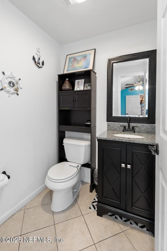 bathroom featuring toilet, ceiling fan, tile patterned floors, and vanity