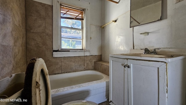 bathroom with vanity, toilet, and a bath