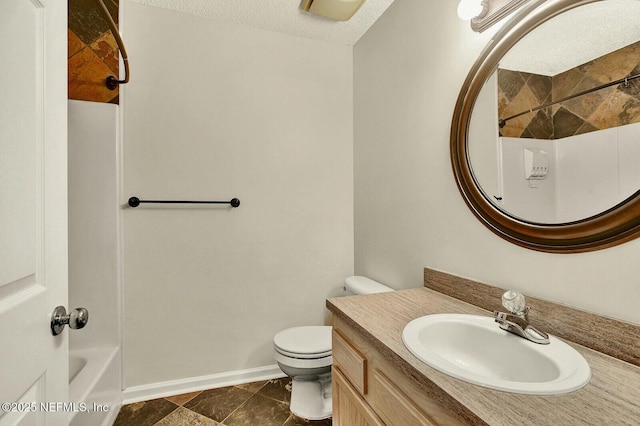 full bathroom featuring shower / tub combination, vanity, a textured ceiling, and toilet