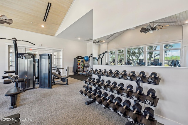 workout area with ceiling fan, wooden ceiling, and lofted ceiling