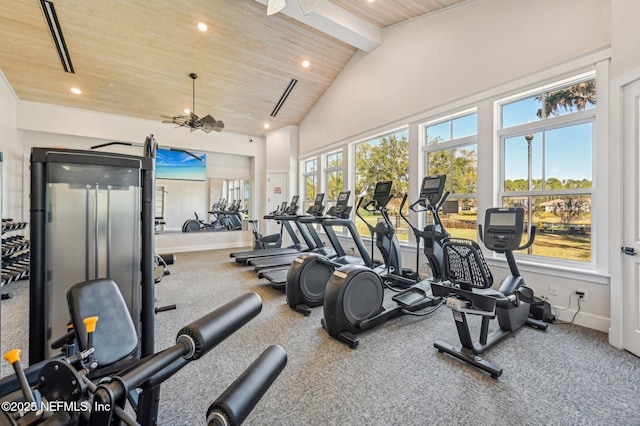 gym featuring plenty of natural light, ceiling fan, and wood ceiling