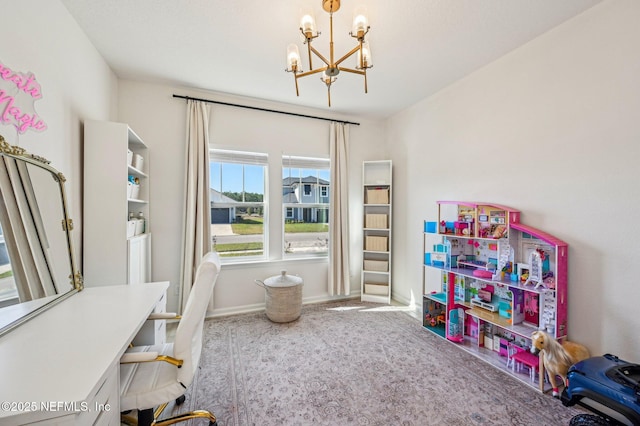 interior space featuring carpet and an inviting chandelier