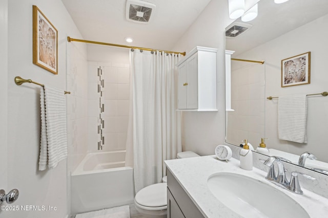 full bathroom with shower / bathtub combination with curtain, vanity, and toilet