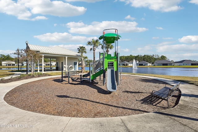 view of play area with a gazebo and a water view