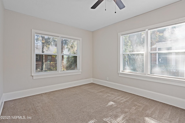 carpeted spare room with ceiling fan