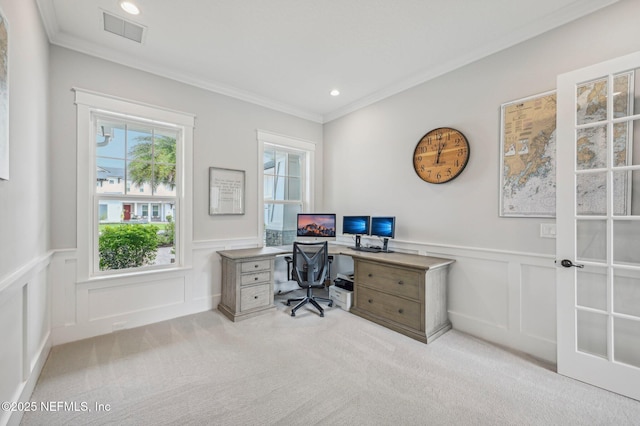 carpeted office featuring ornamental molding