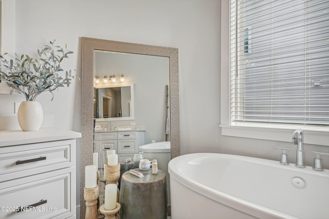 bathroom featuring a washtub and vanity