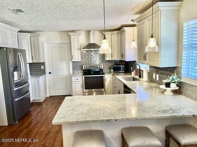 kitchen featuring a breakfast bar, sink, hanging light fixtures, wall chimney exhaust hood, and stainless steel appliances