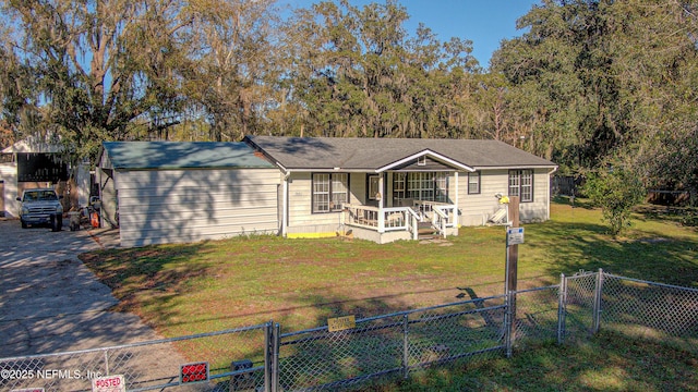 single story home with a porch and a front lawn